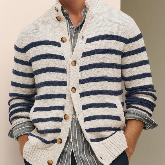 Brooks Brothers Men's 1818 Cardigan Blue and Cream Stripes Linen and Cotton. - Picture 1 of 9